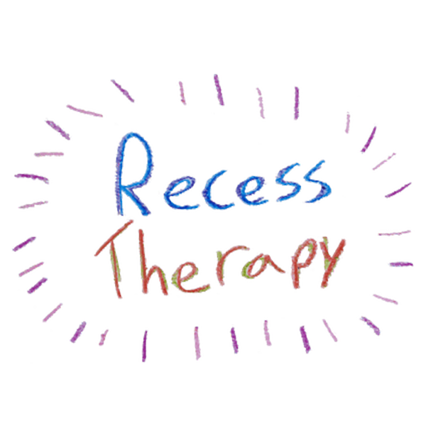 Colorful neon sign that reads 'Recess Therapy' with a playful, vibrant background.