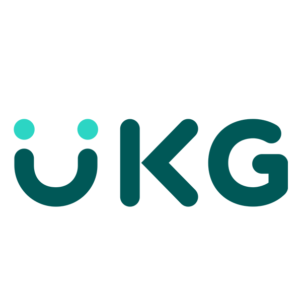 Logo with stylized smiley face and letters 'UKG' in teal and dark teal colors.