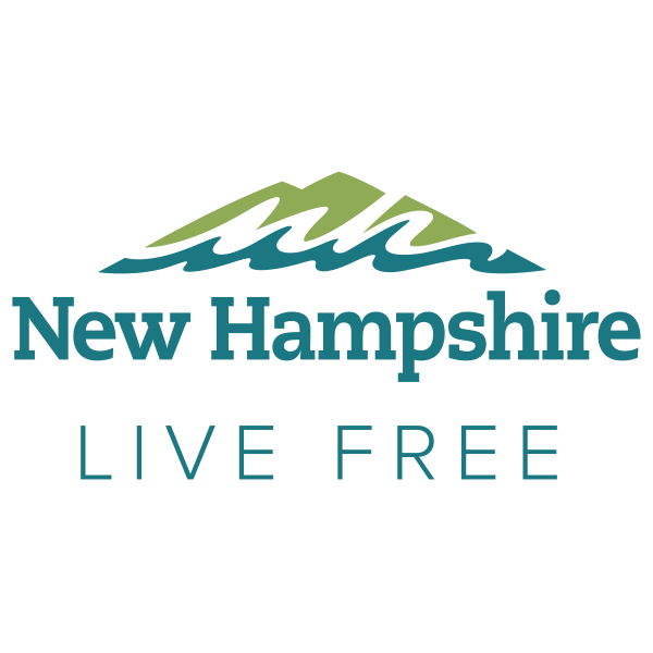 Logo for New Hampshire with stylized mountains and water, with the text "New Hampshire" and "LIVE FREE".