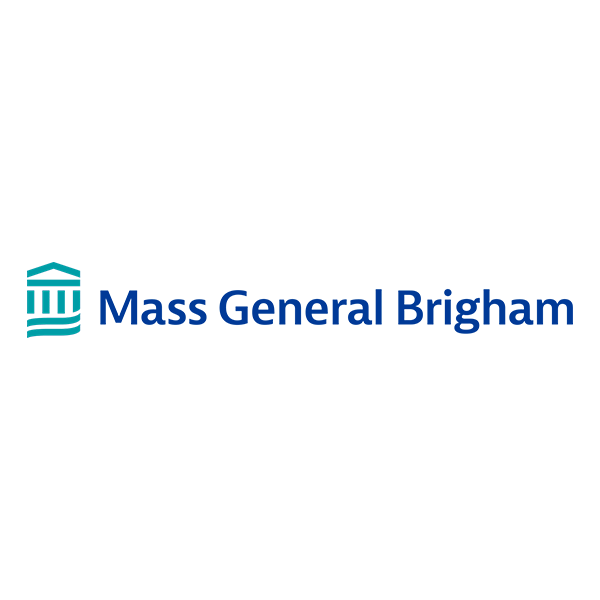 A logo for Mass General Brigham with a blue icon resembling a hospital building and the name in blue text.