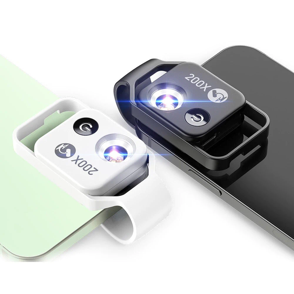 Two compact digital microscope devices, one black and one white, attached to smartphones, with LED lights illuminating the lenses, marked with 200X magnification logo.