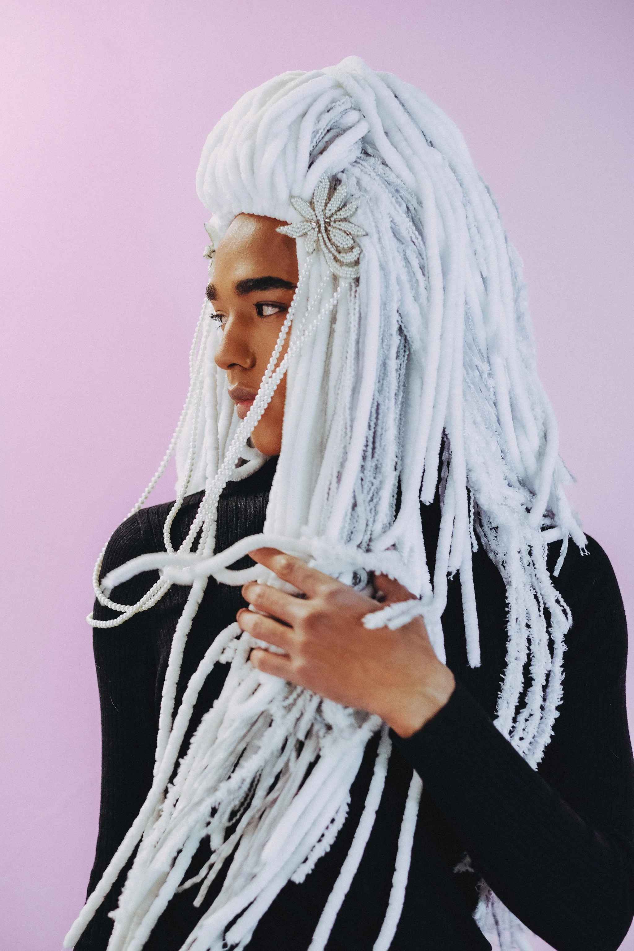 Yarn Wig, 2019, Softspun Yarn, Pearls