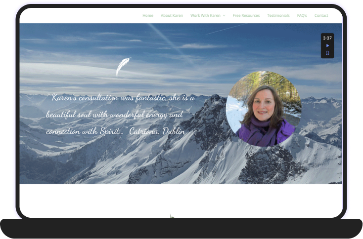 Karen Packwood’s homepage, featuring her branding, navigation menu, and introductory content about her work as an author and healer.