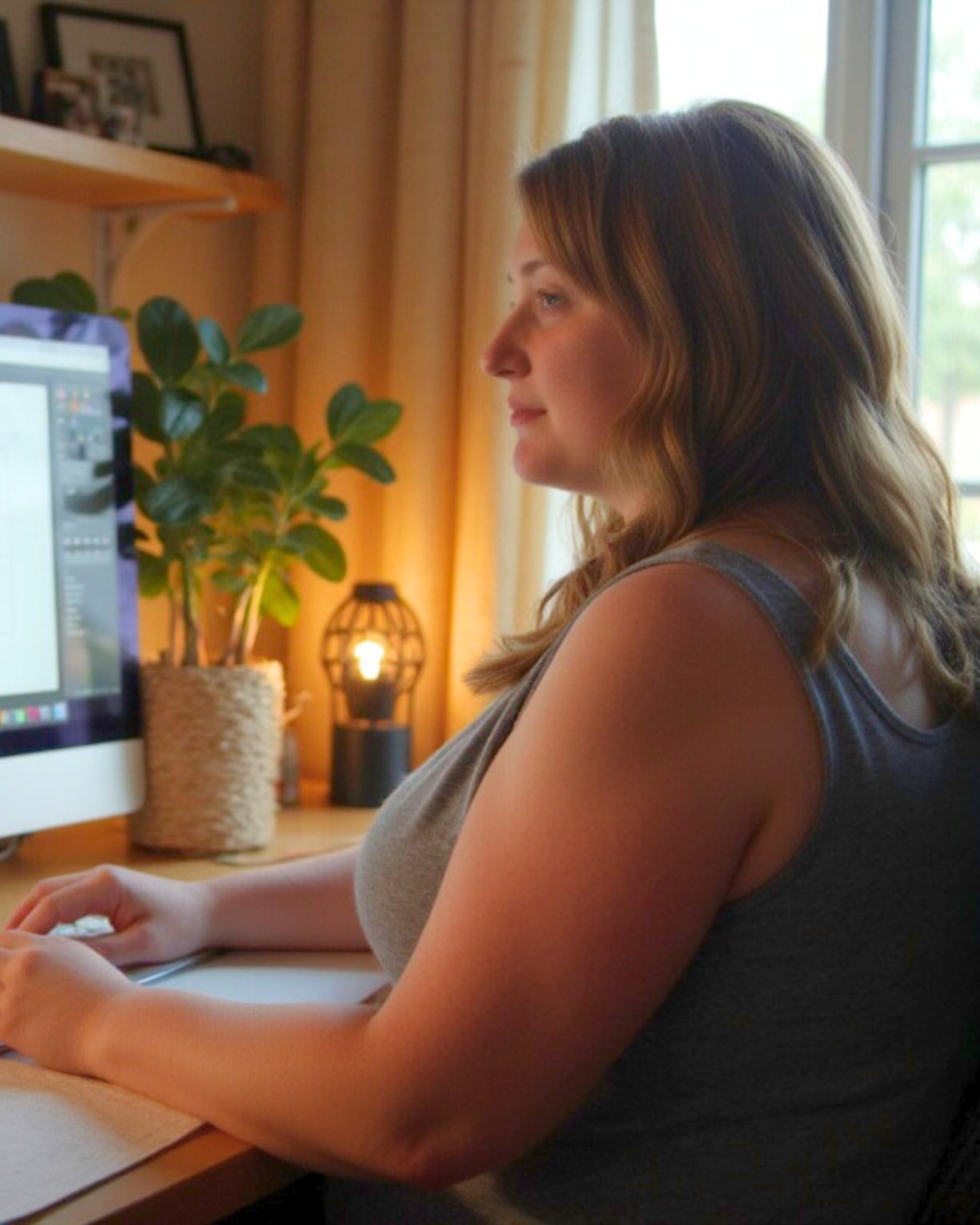 Tara-Lee working on her laptop in a gray sleeveless shirt, creating a focused and modern home‑office workspace atmosphere.