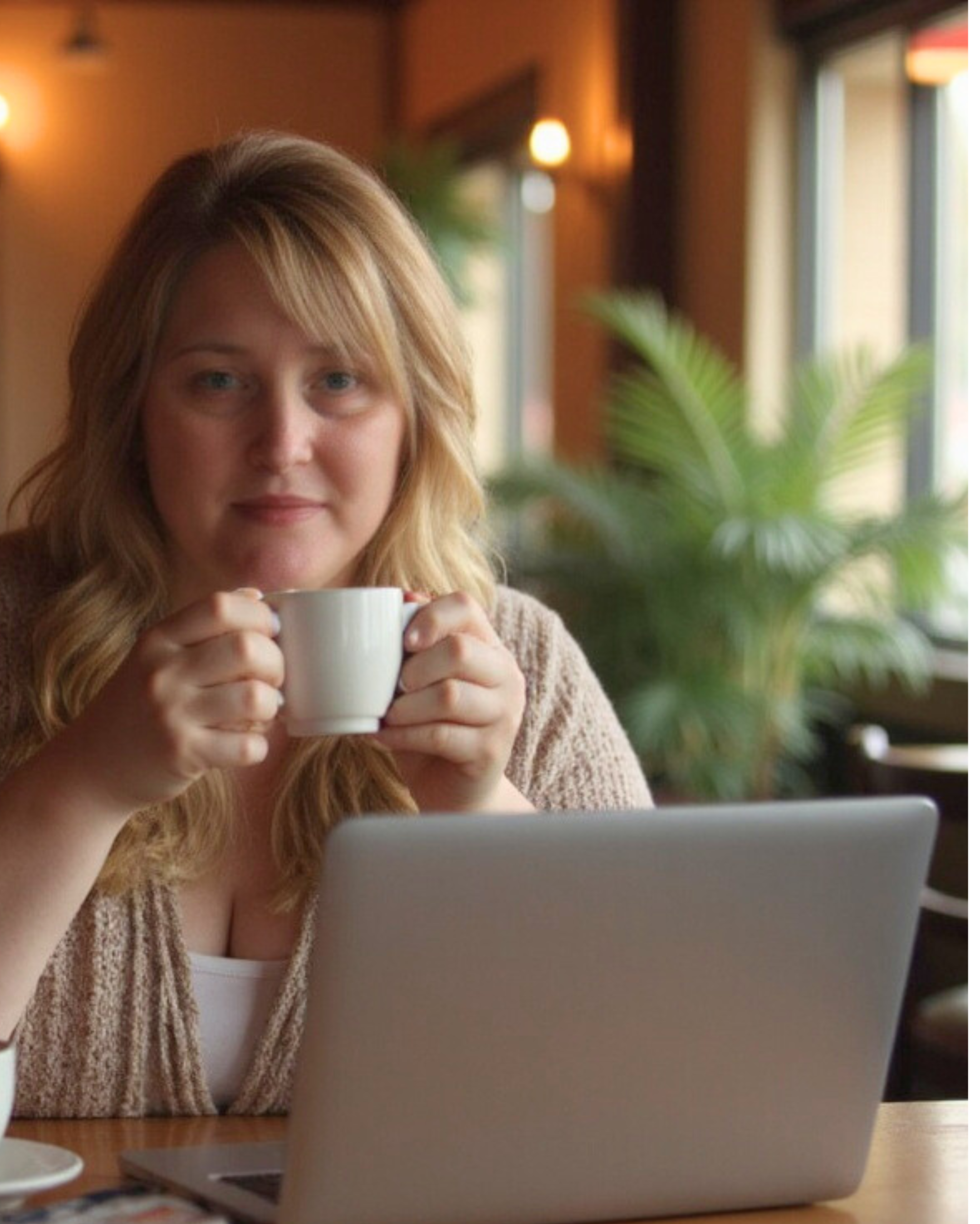 Tara-Lee looking at the camera while holding a white tea cup, wearing a white sweater, with her laptop in front of her, creating a warm and approachable work‑from‑home atmosphere.