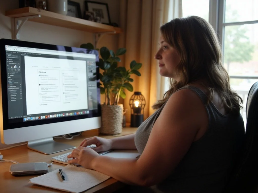 Tara-Lee working in her home office, typing at her laptop while wearing a grey sleeveless shirt.