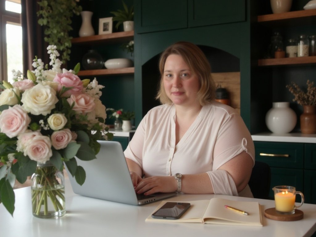 Tara-Lee working in her kitchen wearing a pink blouse, creating a bright and welcoming work‑from‑home atmosphere.