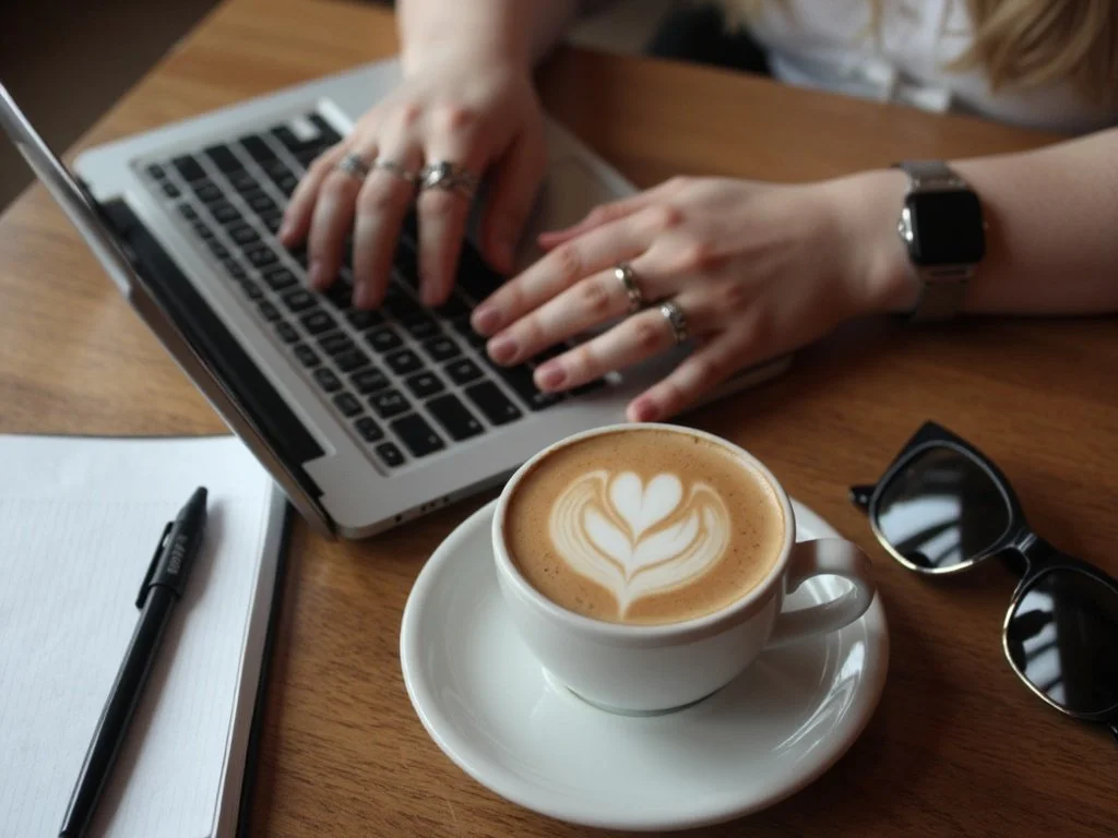 Woman typing on a laptop at a clean, sunlit workspace with a coffee cup and sunglasses beside her, representing a modern, creative work environment.