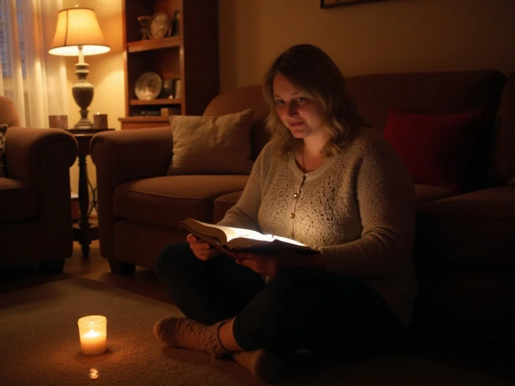 Tara-Lee sitting in her living room, reading a book by warm candlelight, creating a calm and cozy atmosphere.