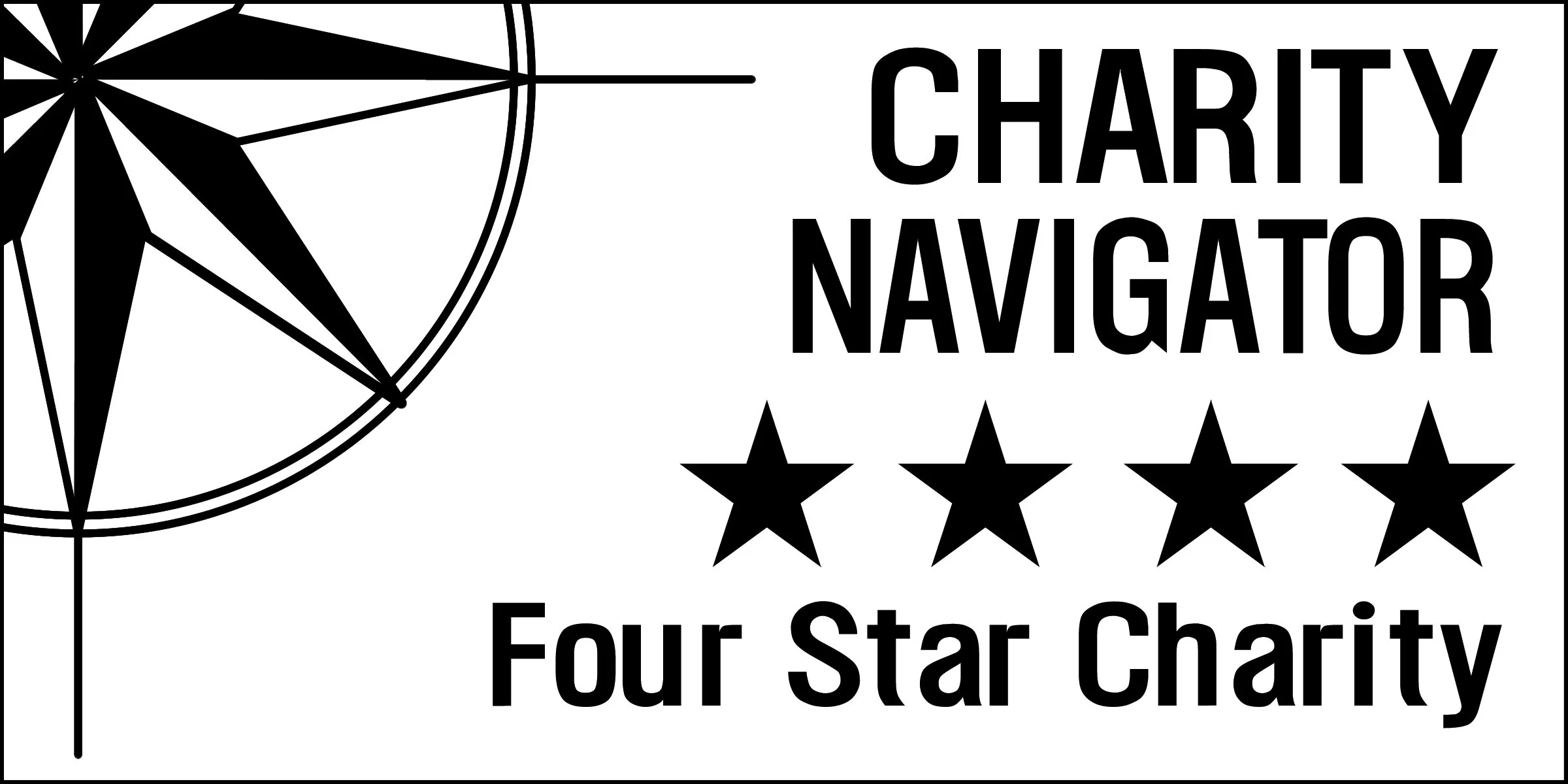 Charity navigator logo with a partial compass rose and four black stars, labeled Four Star Charity.