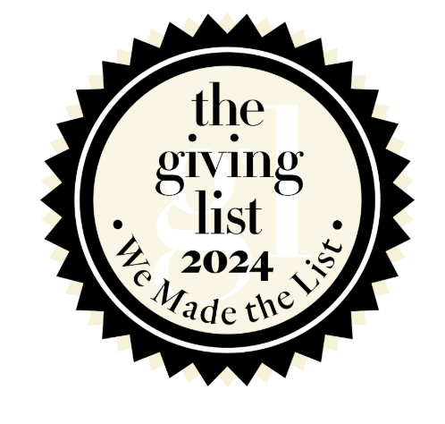 A circular badge with black, white, and beige colors, featuring the text 'the giving list 2024' and 'We Made the List'.