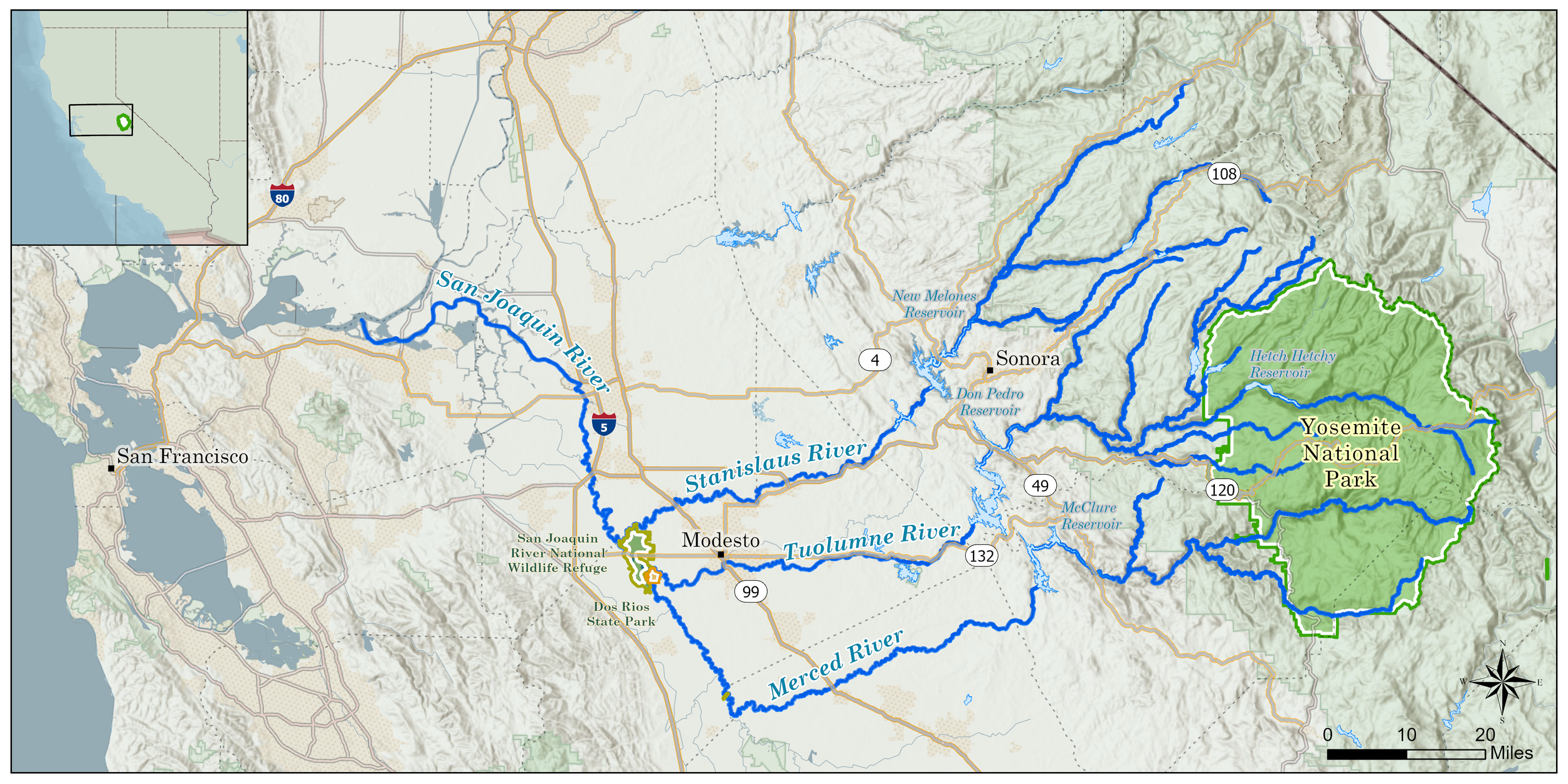 Map of rivers and national parks in California, showing the San Joaquin River, Stanislaus River, Tuolumne River, Merced River, and their tributaries, with Yosemite National Park outlined in green, and nearby cities including San Francisco, San Jose, Sonora, and Modesto. The inset shows the location of the area within California.