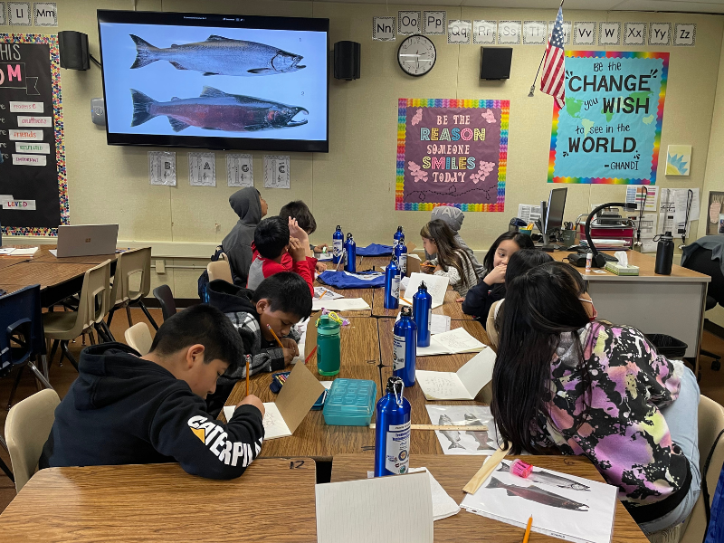 Students seated at a classroom table with water bottles, notebooks, and papers, looking at a large screen displaying images of two fish in a classroom decorated with colorful posters, an American flag, and alphabet charts.
