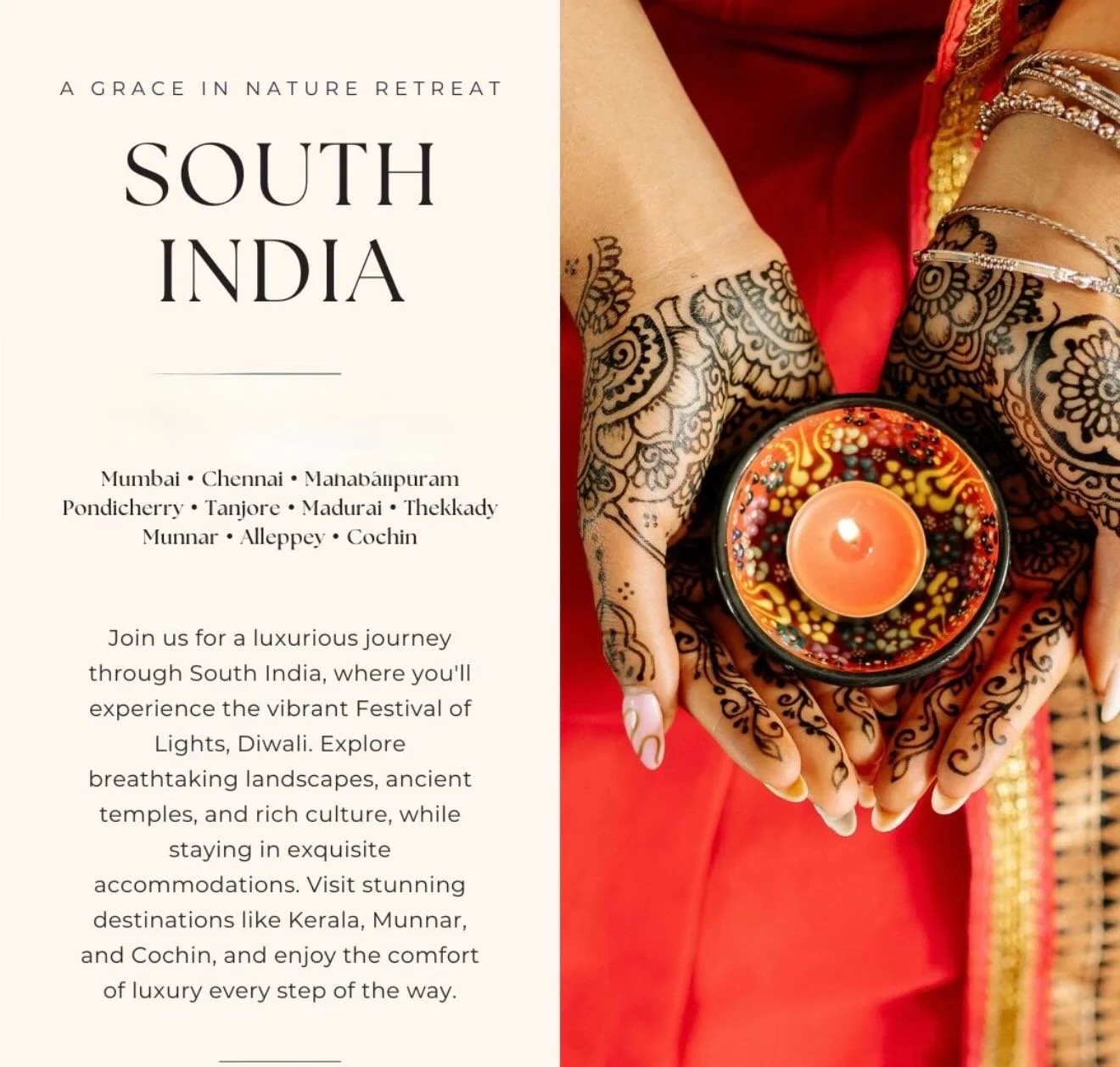Who wants to join us for Diwali in South India, November 2026? 
Let us know! 

Our India Journeys are limited to small groups of only 7 participants! 

@karenscore #india #southindia #bucketlisttravel #consciouslycuratedtravel #graceinnaturetravel