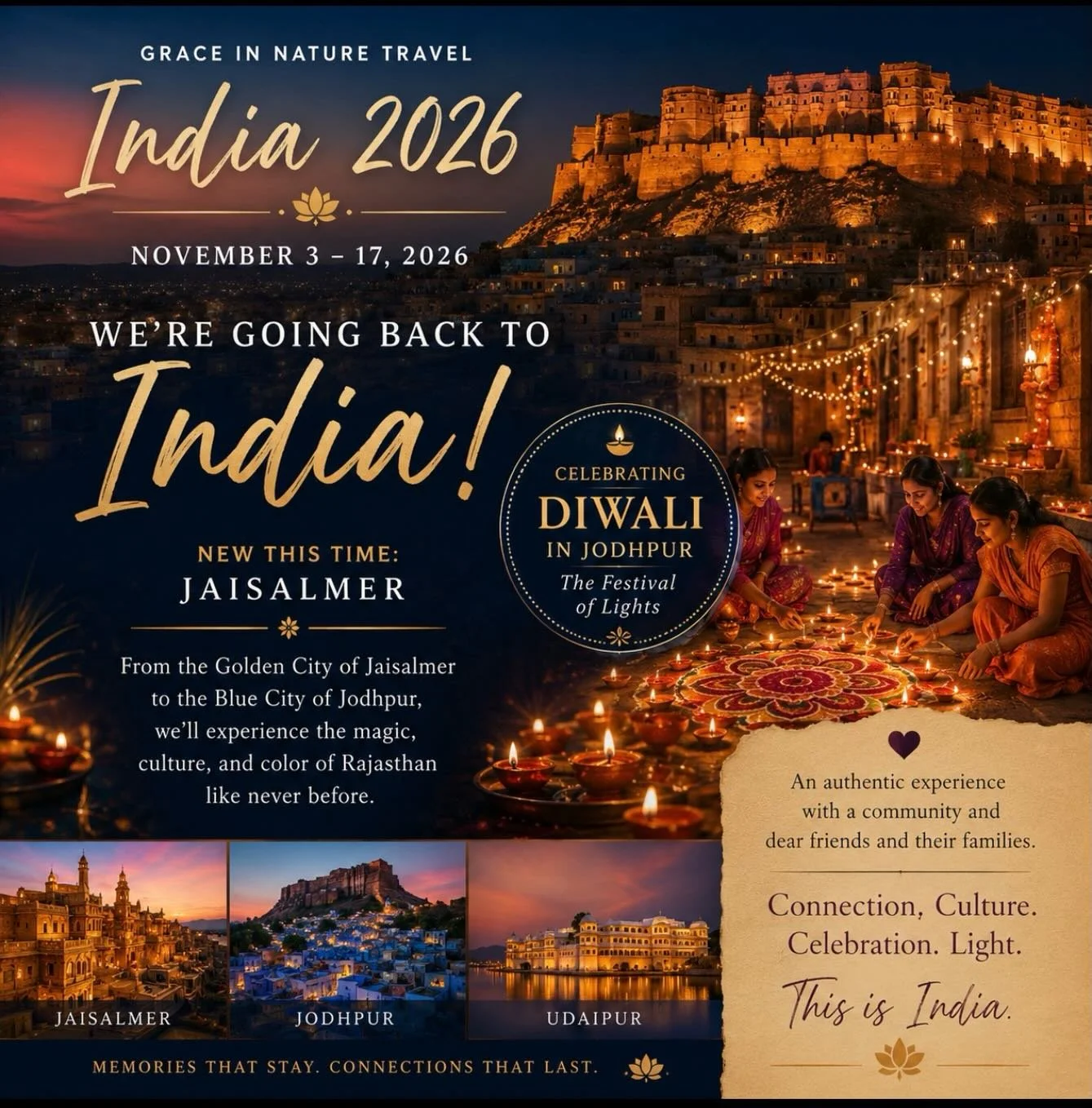 ✨ INDIA 2026 ✨

November 3&ndash;17, 2026

I&rsquo;m so excited to announce that Grace in Nature Travel is returning to India this November and this journey will be extra special! 

In addition to exploring the vibrant cities, magnificent forts, colo
