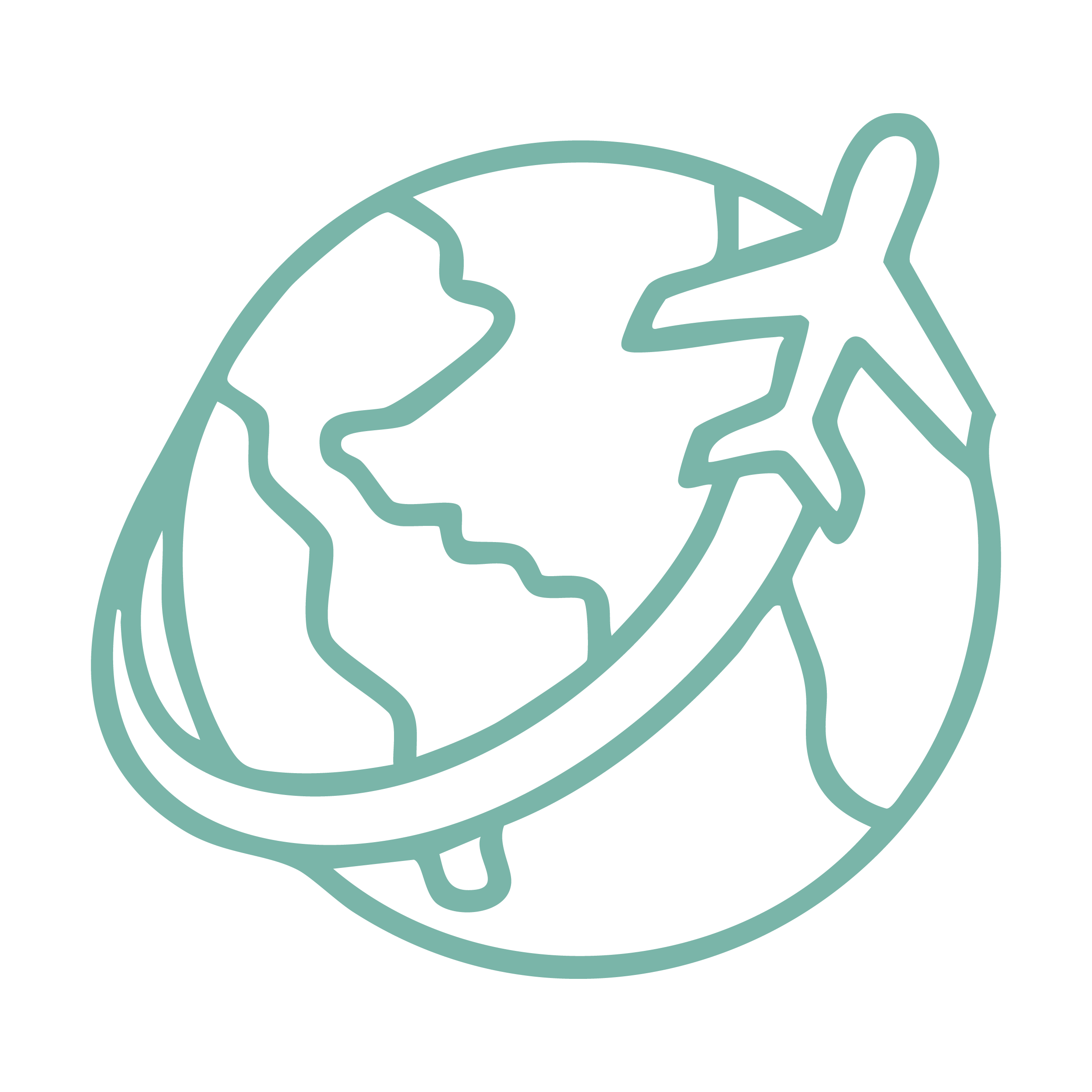 Outline of a globe with a plane flying around it, symbolizing global travel or worldwide connectivity.