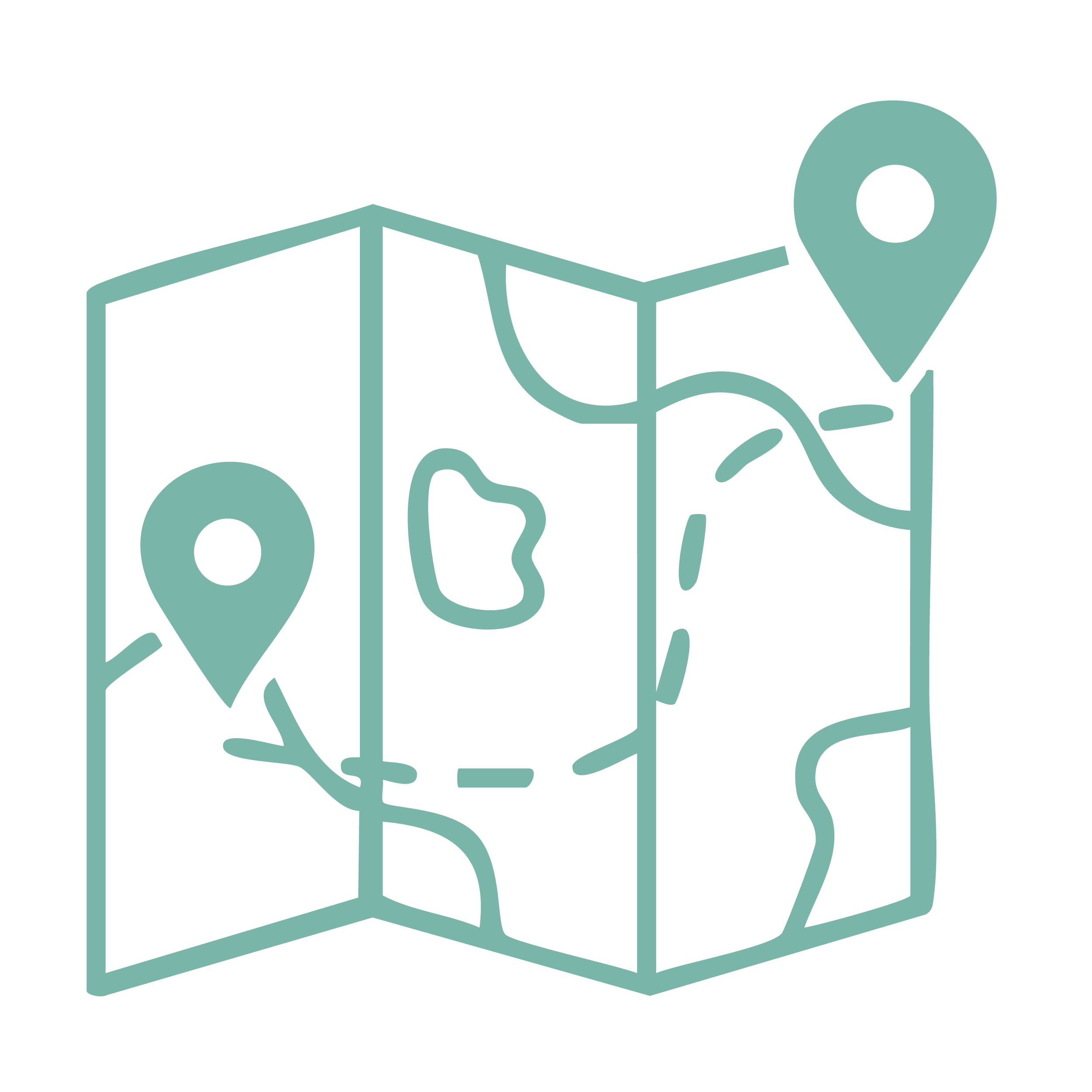 A stylized map icon with two location pins on a foldable map illustration.