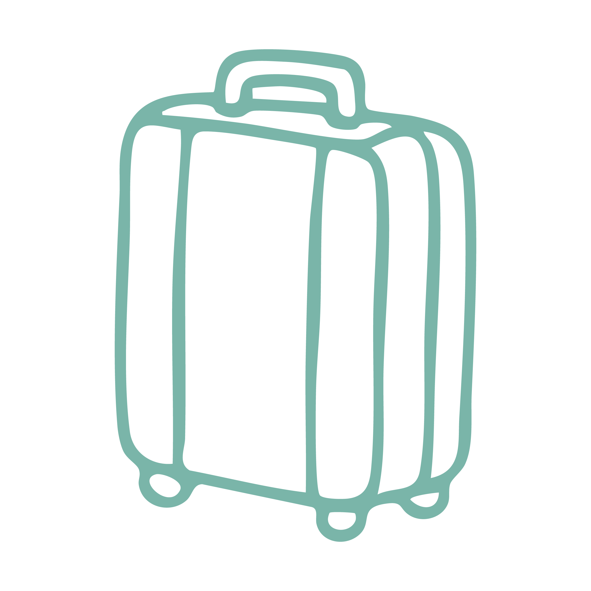 Line drawing of a rolling suitcase with wheels and a handle against a black background.