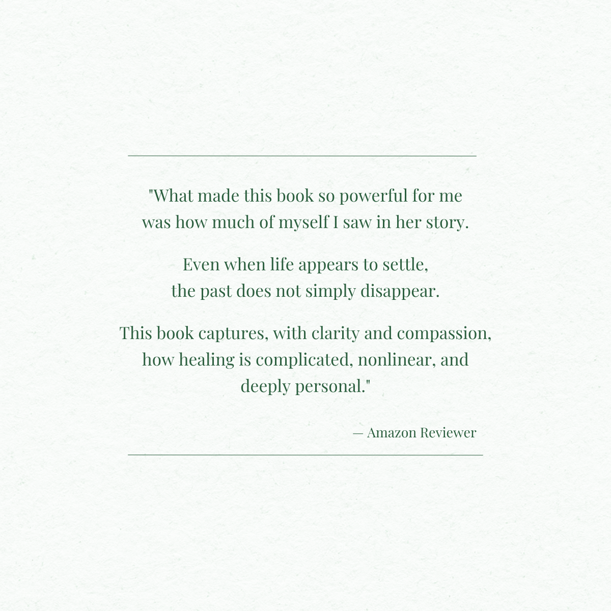 A quote from an Amazon reviewer about a book, emphasizing its depth and healing power.