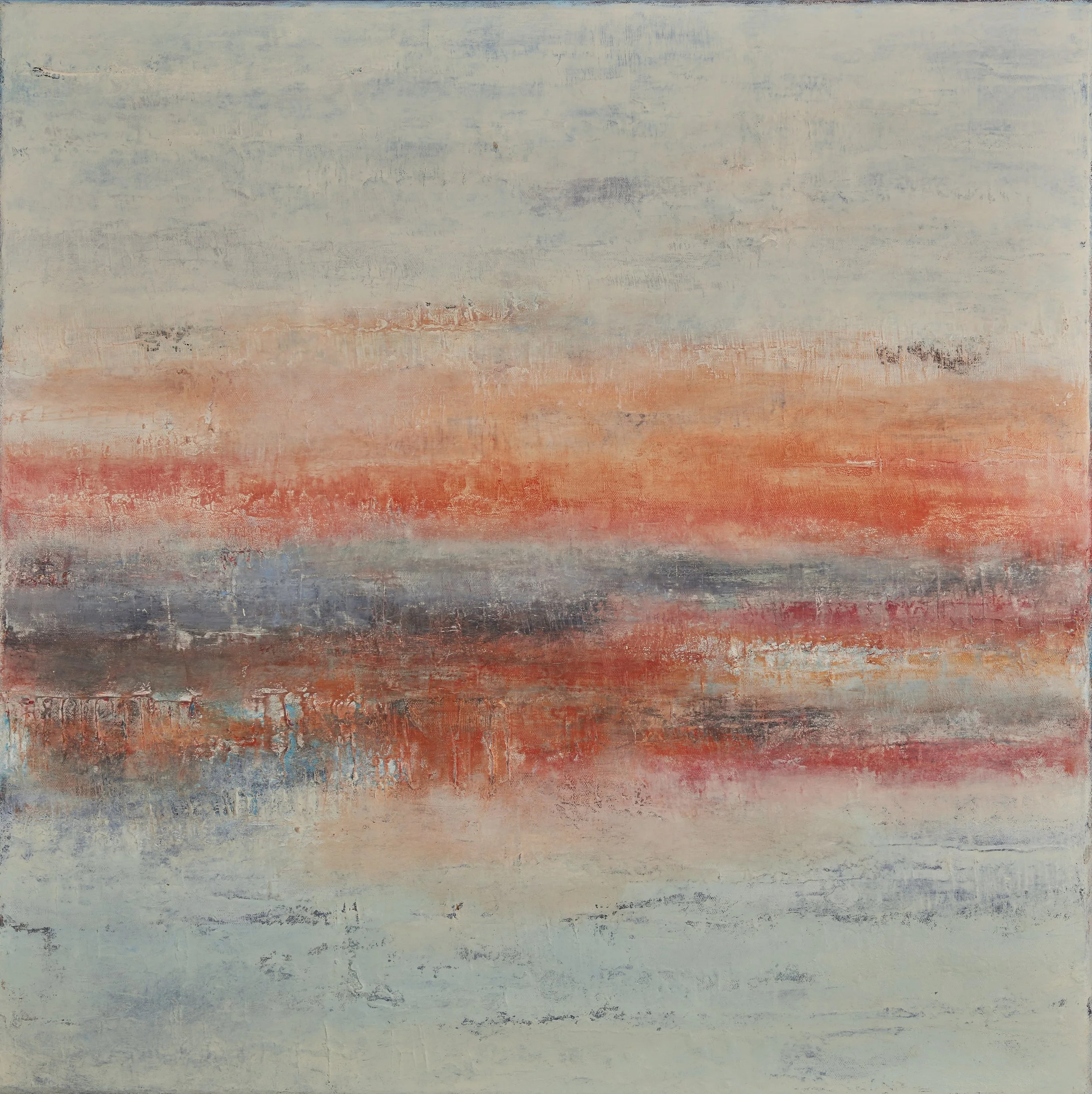 Abstract painting with horizontal bands of muted blues, pinks, and greys, with textured brushstrokes and a reflective quality.