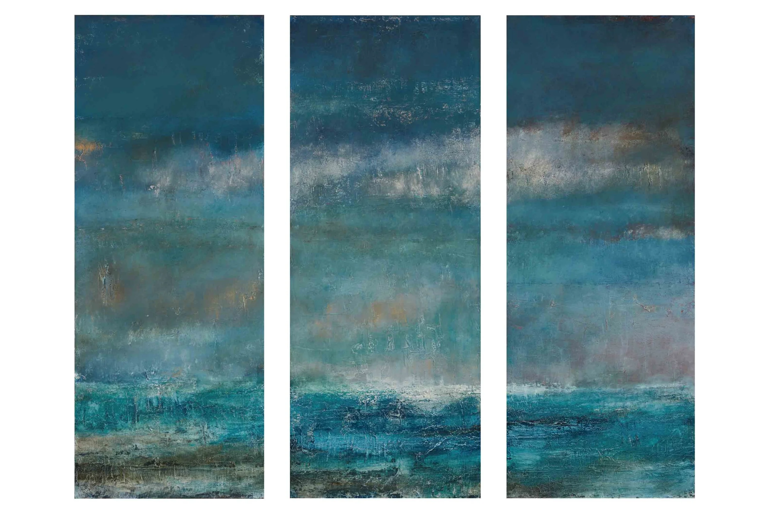 Triptych abstract painting with shades of blue, teal, white, and gray, resembling a seascape or sky reflections.