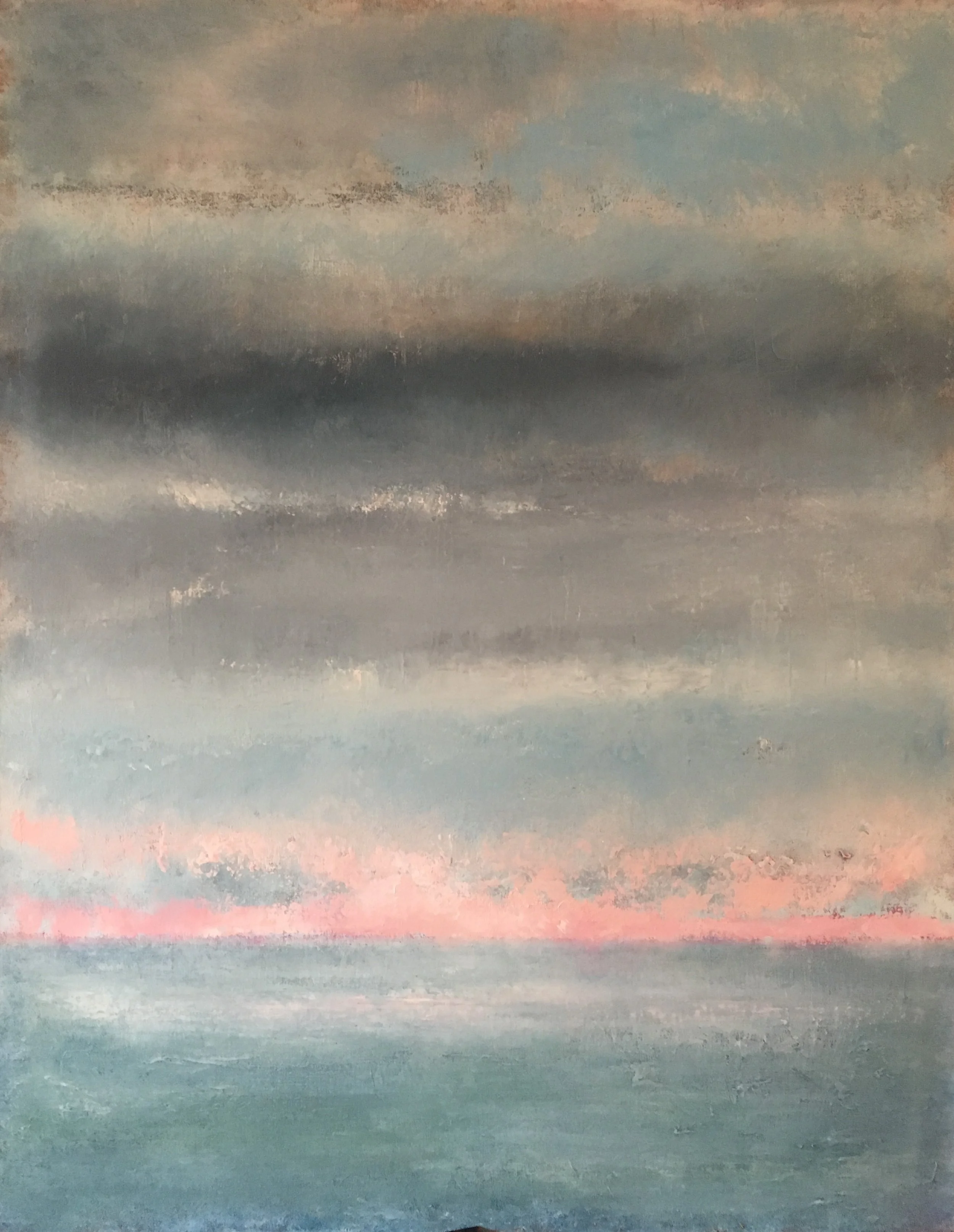 Abstract painting of a seascape with a cloudy sky, waves, and a hint of sunrise or sunset with pink and orange hues.