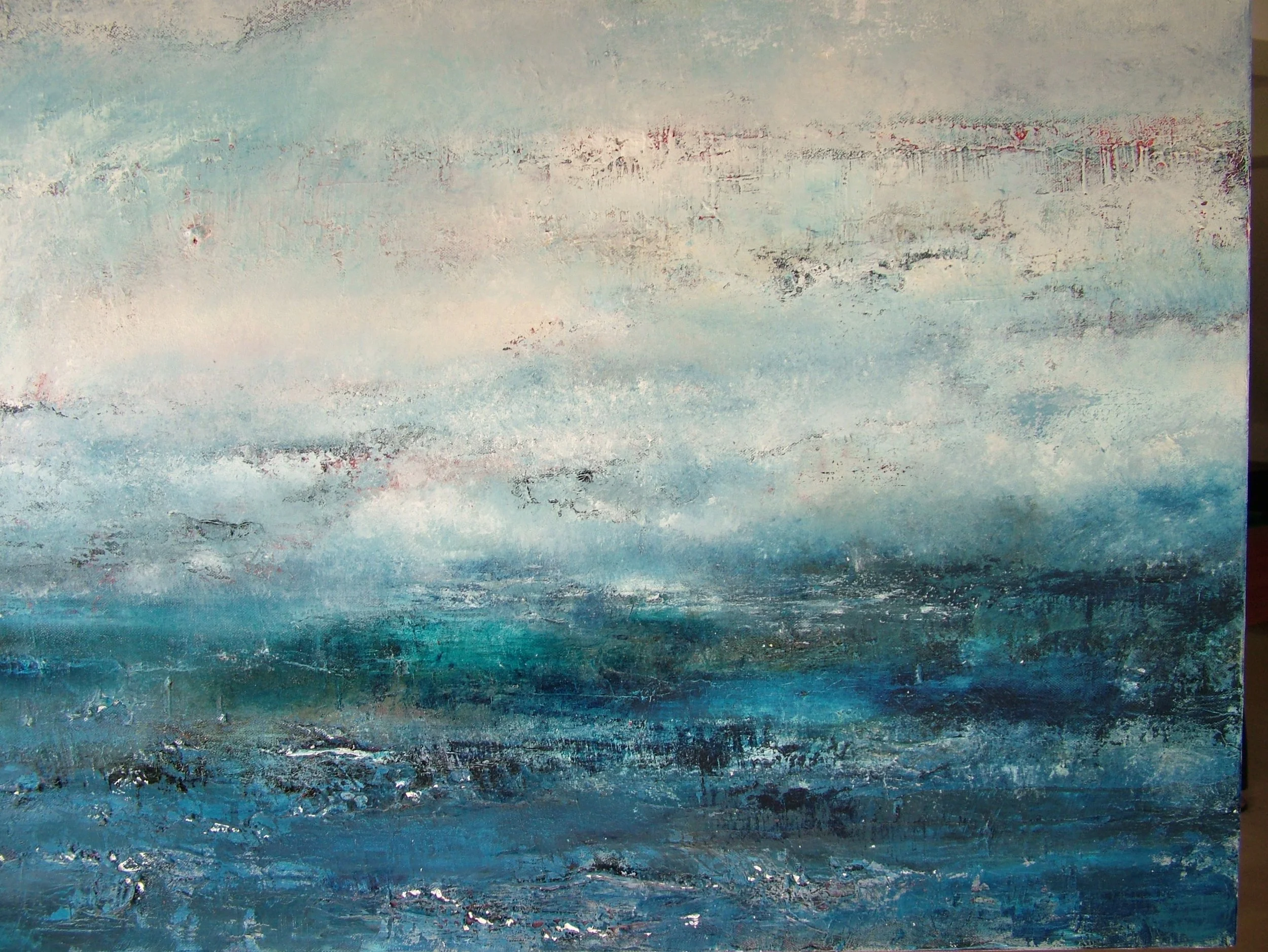 An abstract painting of a seascape with shades of blue, white, and gray, depicting waves and sky.