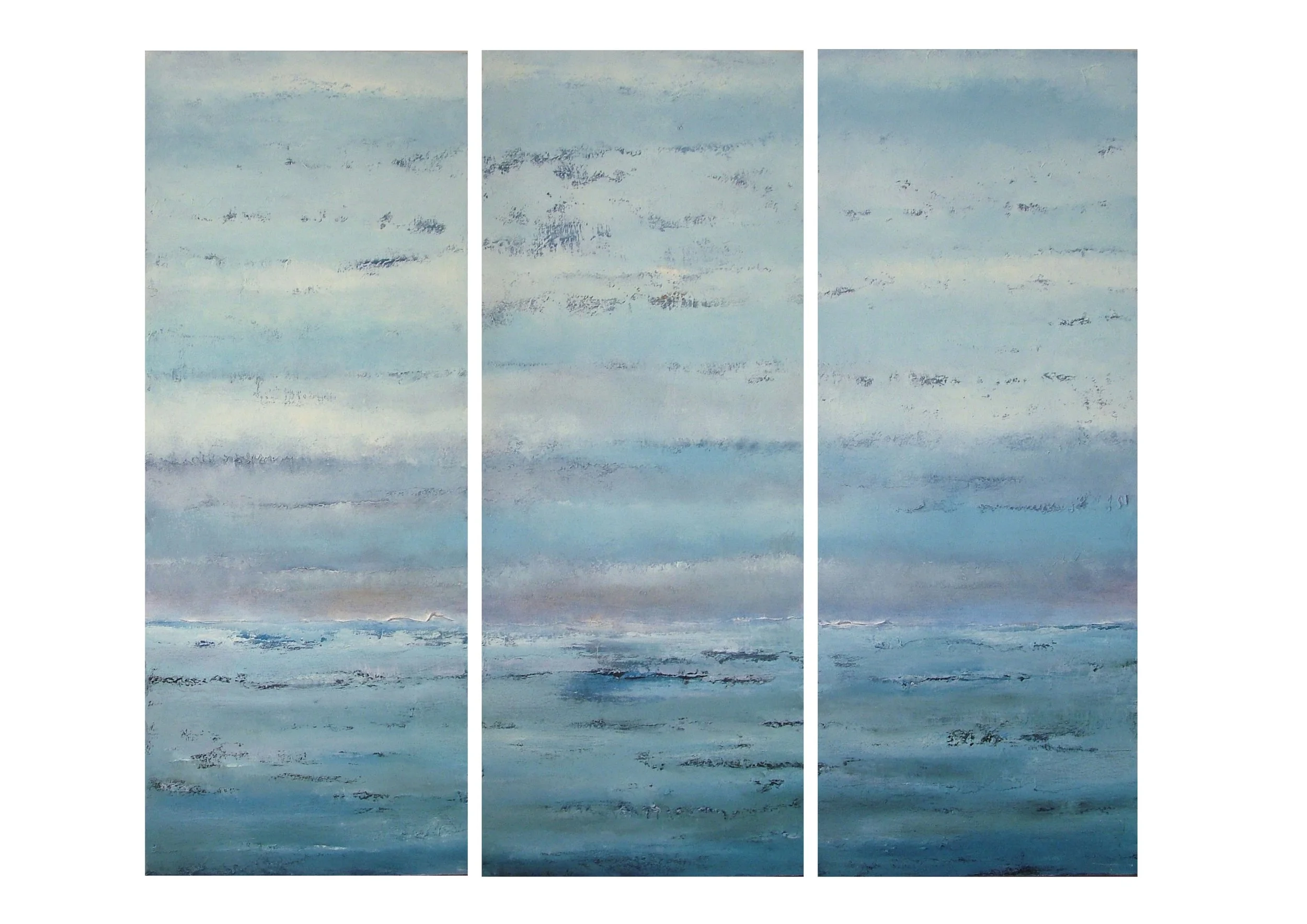 Three-panel abstract painting of a seascape with gray and blue clouds and water.