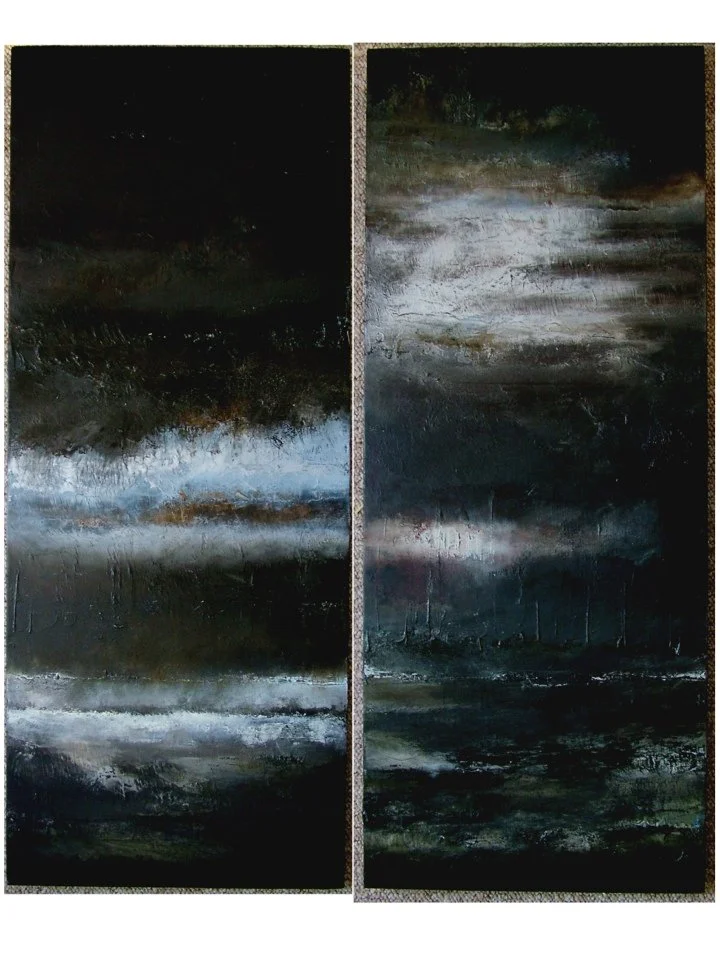 Abstract landscape painting divided into two panels, featuring dark and moody tones with textured brushstrokes, depicting a stormy sky and water.