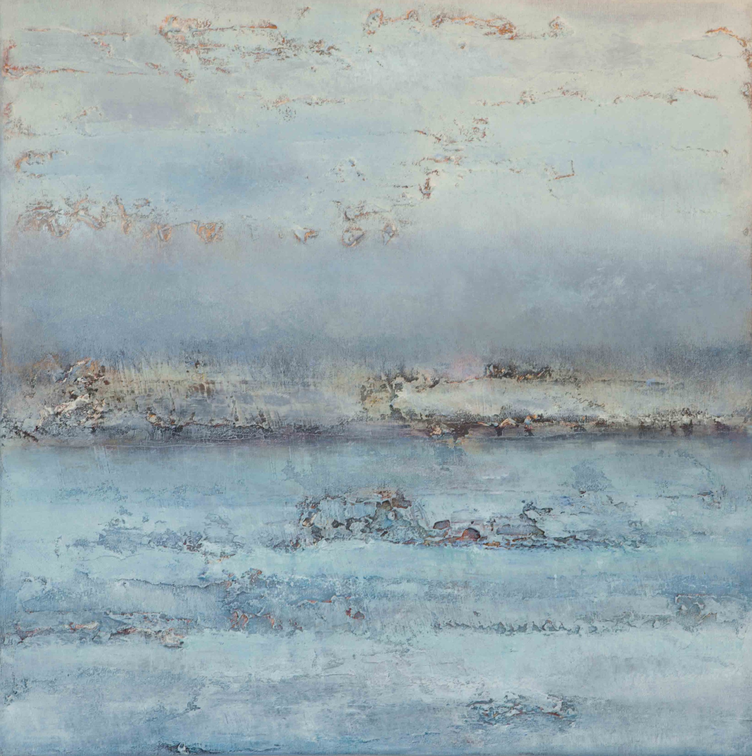 Abstract painting of a landscape with a calm water body, horizon, and cloudy sky in soft pastel shades of blue, gray, and hints of pink.