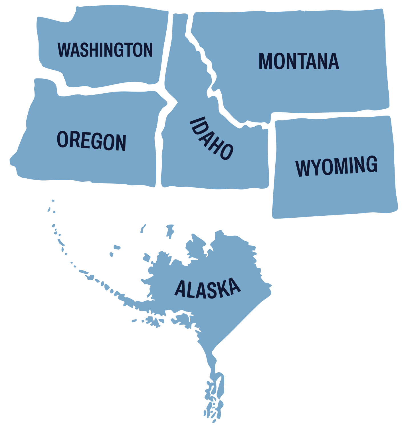 Map of the United States showing the states of Washington, Oregon, Idaho, Montana, Wyoming, and Alaska in blue with black borders and labels.