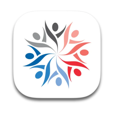 A circular logo featuring stylized human figures in blue, gray, and red, arranged in a radial pattern with arms extended outward.