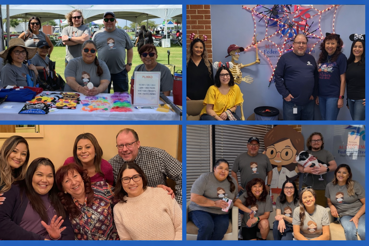 Collage of four photos showing groups of people at community events, booths, and indoor gatherings with decorations, merchandise, and smiling faces.