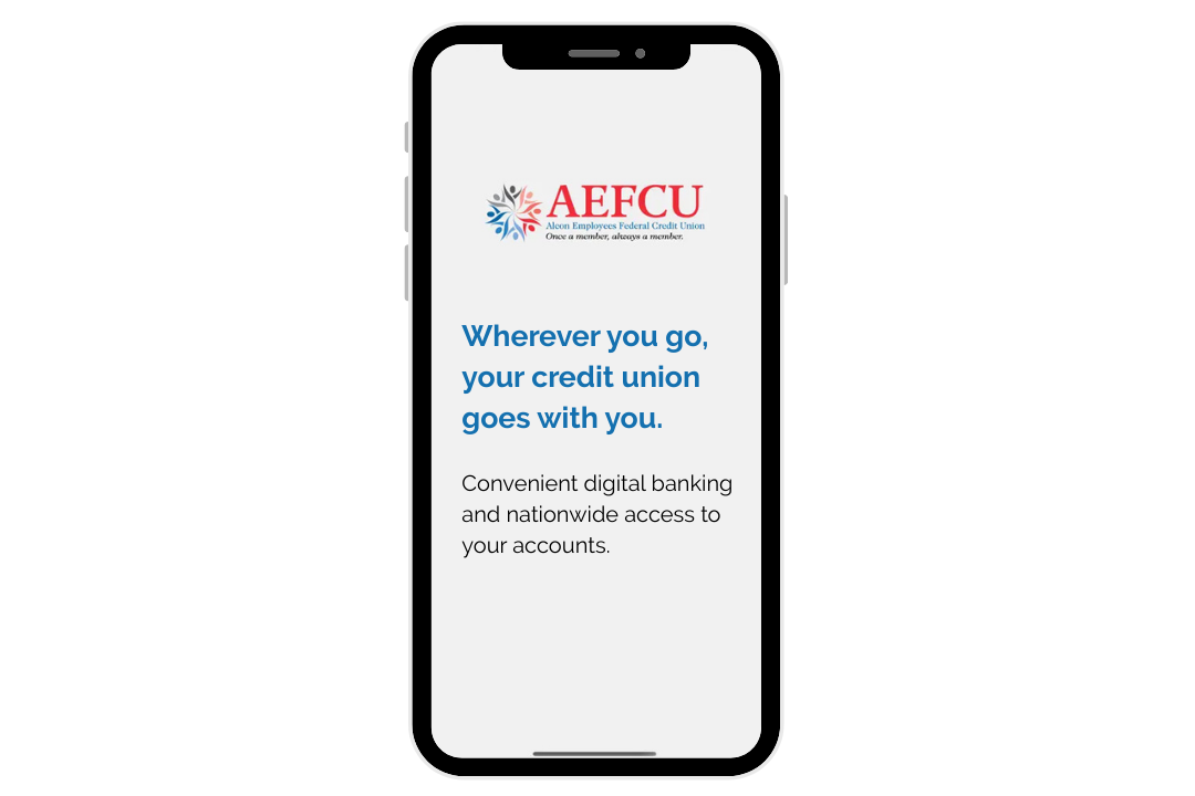 Smartphone displaying AEF CU (Alcon Employees Federal Credit Union) mobile banking app with logo and text about digital banking access.