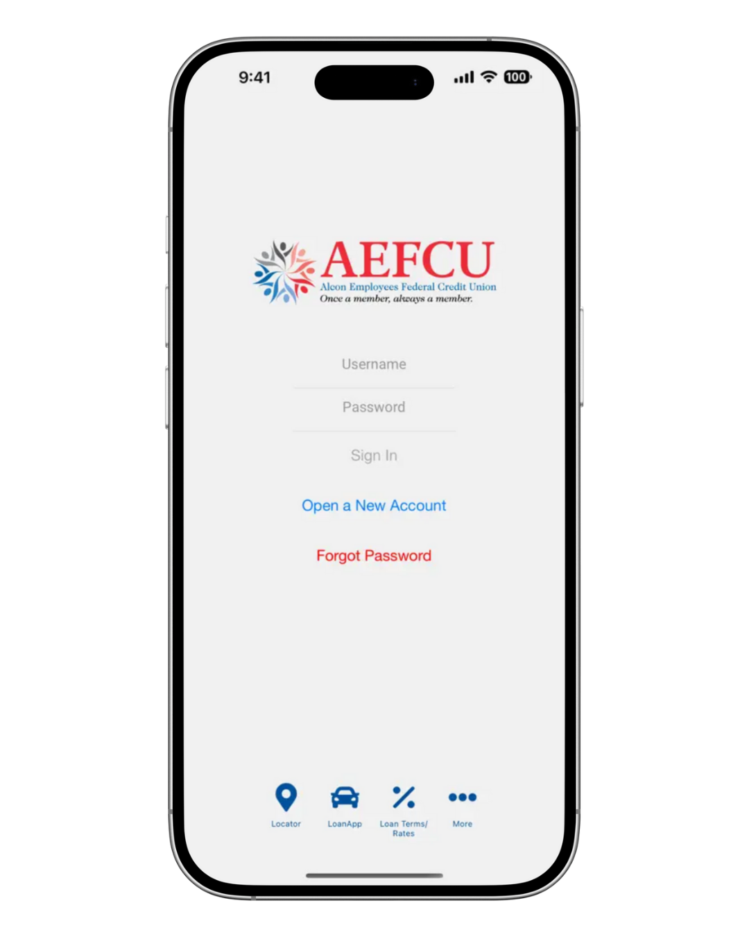 Login screen of the AEFCU mobile app, showing the AEFCU logo, username and password fields, and options to sign in, open a new account, or reset password.