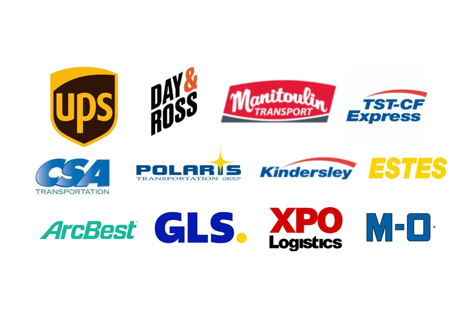 Collection of logistics company logos including UPS, Day & Ross, Manitoulin Transport, TSCF Express, CSA Transportation, Polaris Transportation Group, Kindersley, ESTES, ArcBest, GLS, XPO Logistics, and M-O.