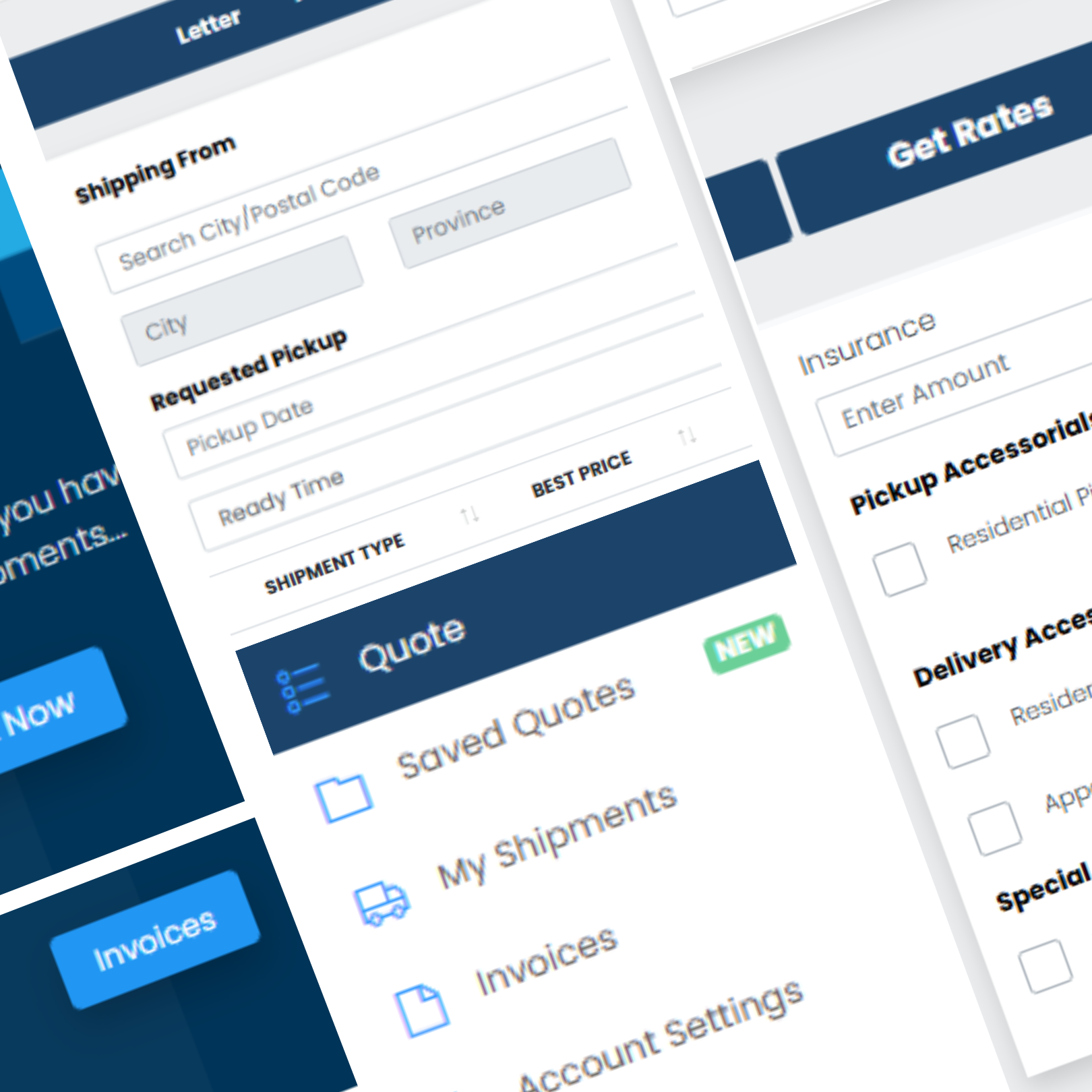 Screenshot of ShipNow's online self-serve shipping  platform showing input fields for shipping details, saved quotes, and navigation options for invoices and account settings.