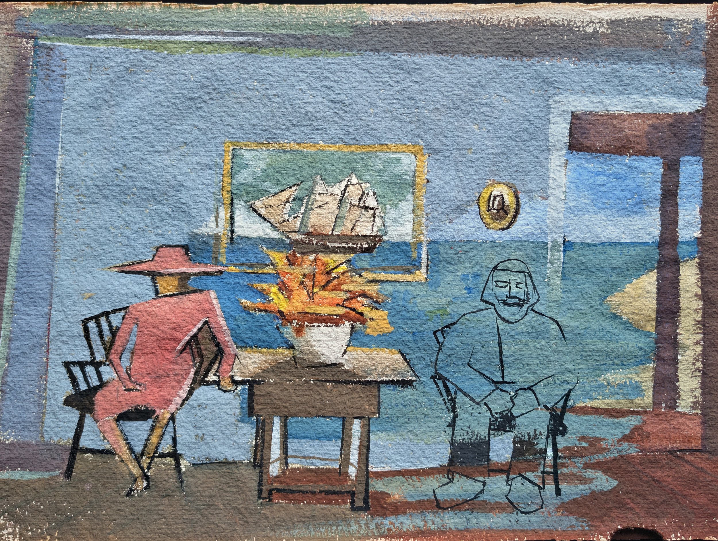 A watercolor painting depicting an indoor scene with two people sitting at a table. One person is a woman wearing a pink dress and a wide-brimmed hat, sitting on the left side. The other person is a man with glasses, sitting on the right side. On the table, there is a large potted plant with orange leaves. Behind them, there is a framed painting of a sailboat, a small round clock on the wall, and a large window looking out onto a seascape with a sandy beach.