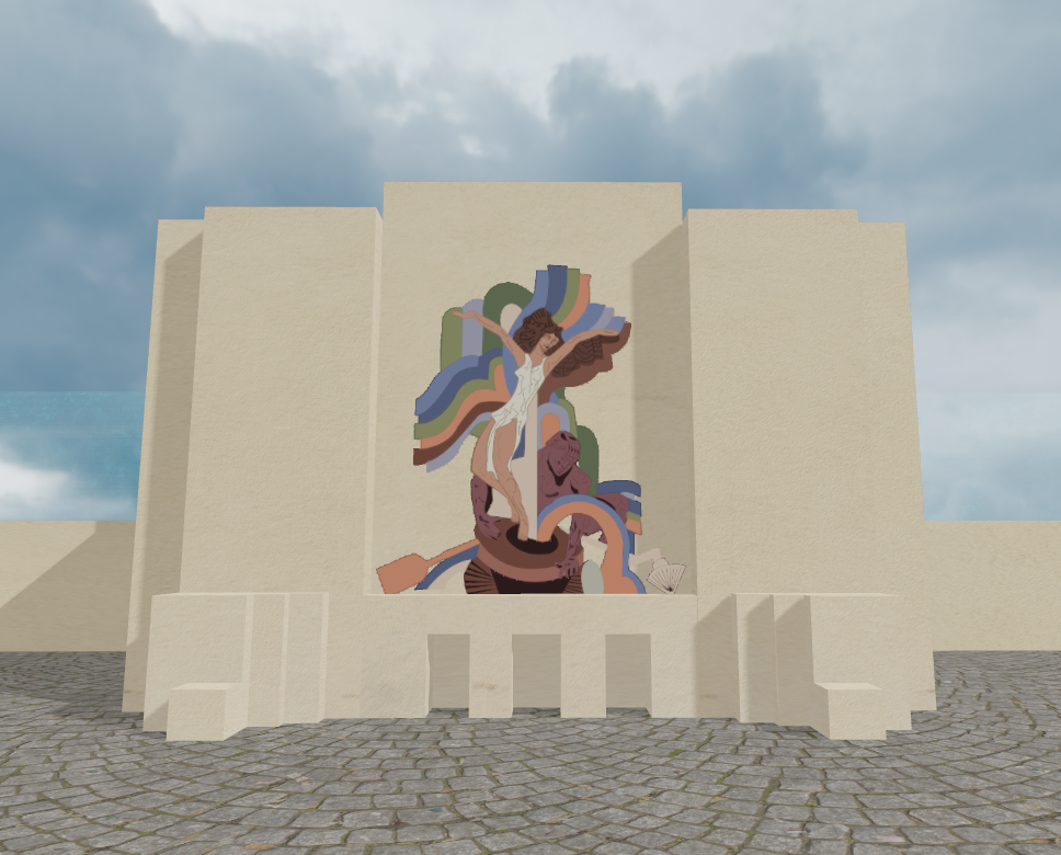 Large mural on building depicting a mythological scene with a woman in white dress, a lion, and a multicolored rainbow-like background, set against a cloudy sky.