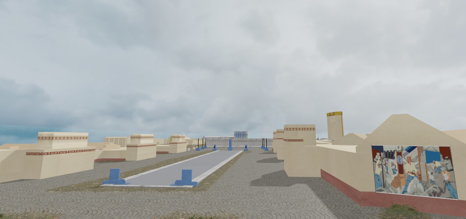 A digitally rendered scene of a city square with a paved walkway, beige buildings with red accents, blue lamp posts, and a mural depicting stylized figures on the right wall. The background shows a cloudy sky and distant buildings.
