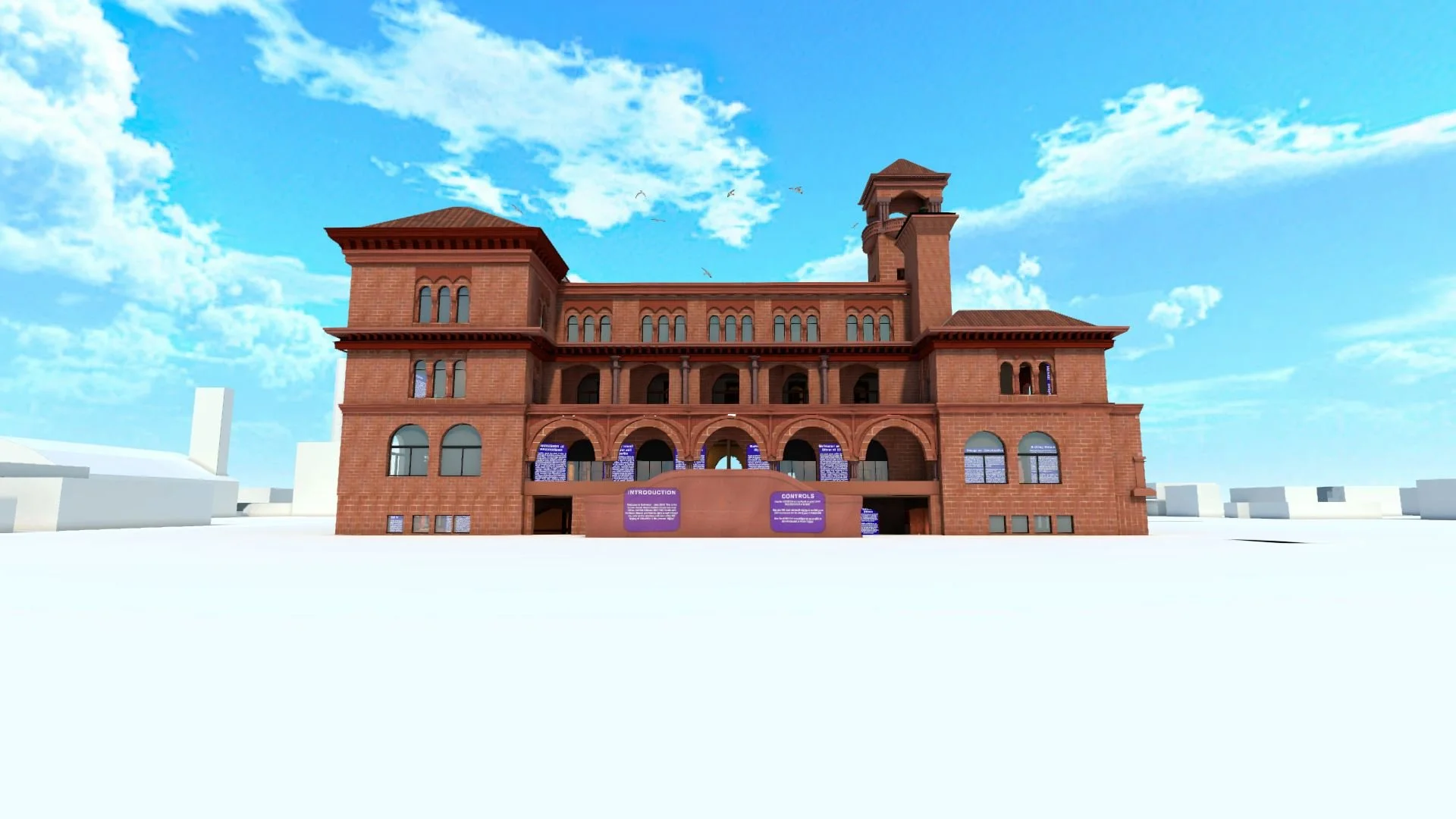 Digital rendering of a large, multi-story brick building with arched windows and a tower, set against a sky with scattered clouds.