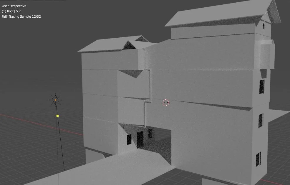 3D model of a multi-story residential building with a steep roof, viewed from the roof and sun perspective.