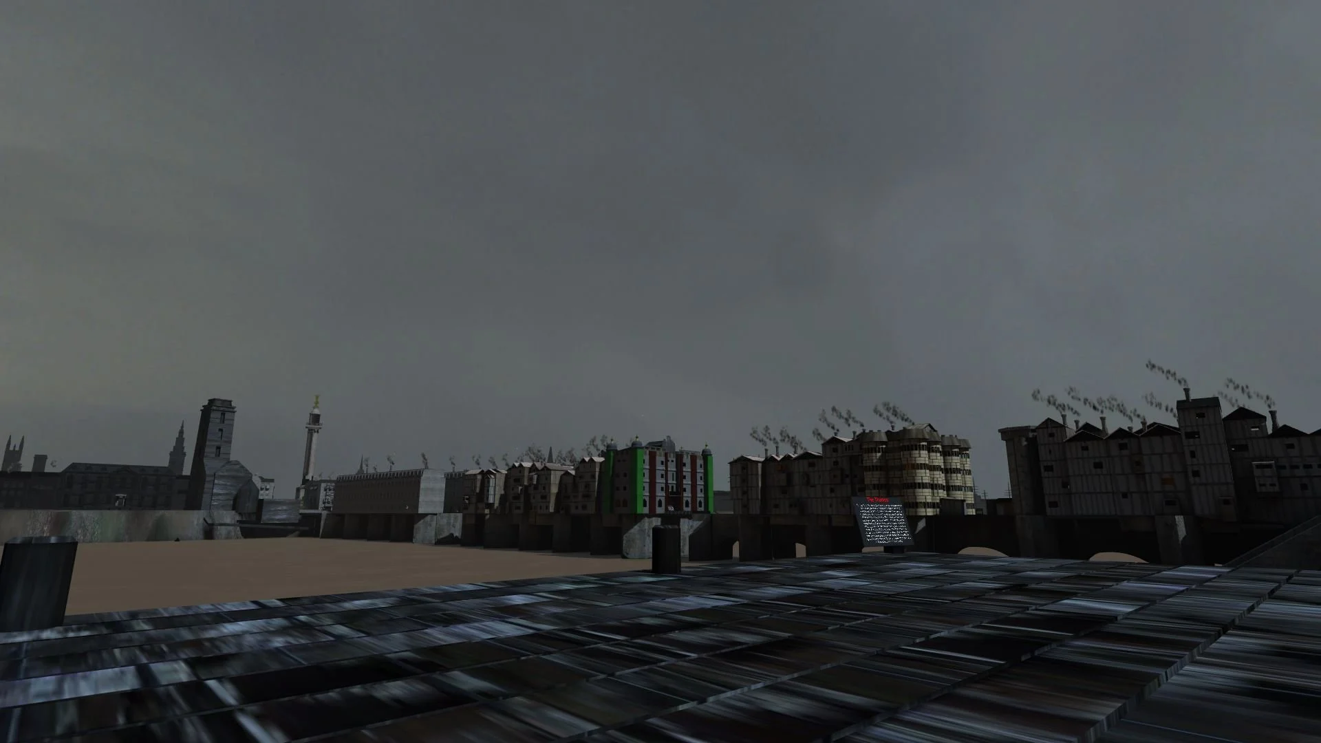 A digital, animated cityscape with dark, smoky buildings under a cloudy sky, including some with smoke rising from chimneys.