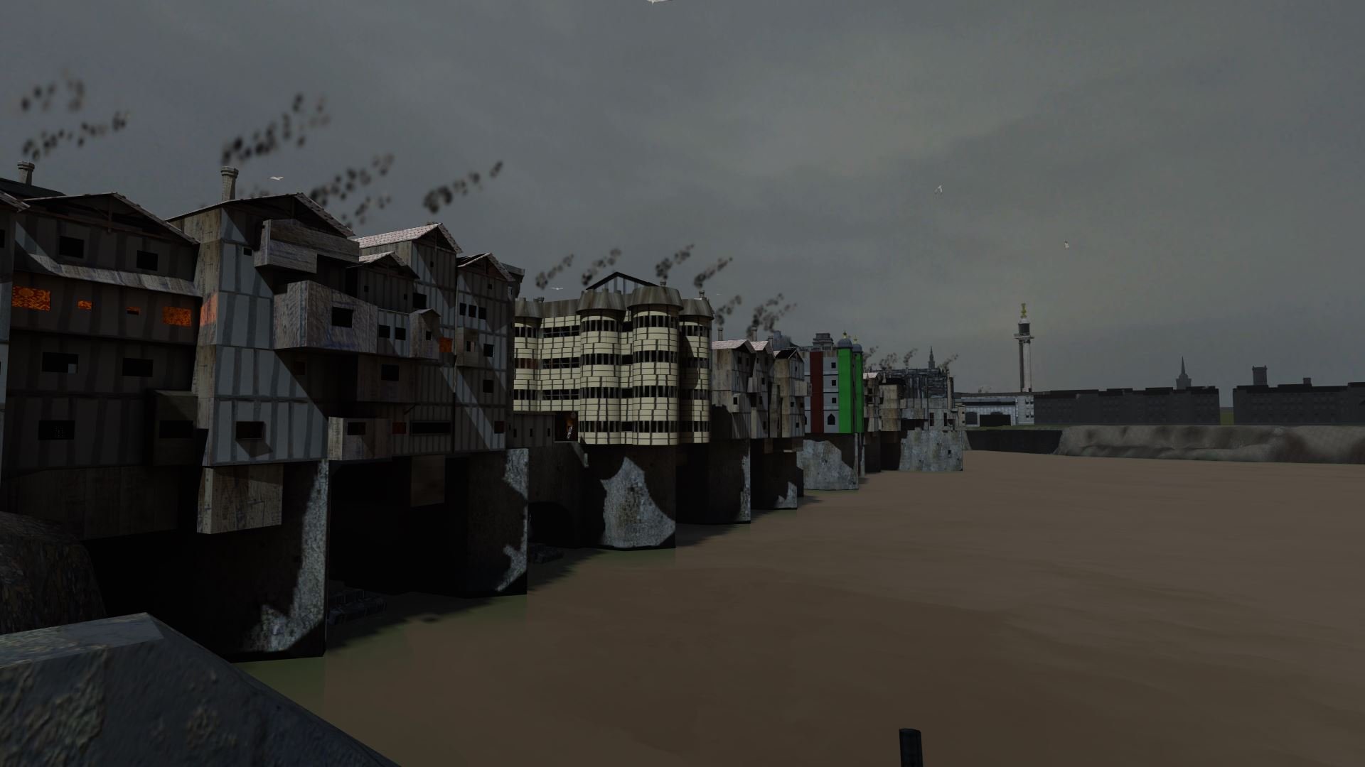 Digital rendering of a cityscape with unusual, multilevel buildings on stilts, dark skies, some with smoke or smog, and a distant tower in the background.