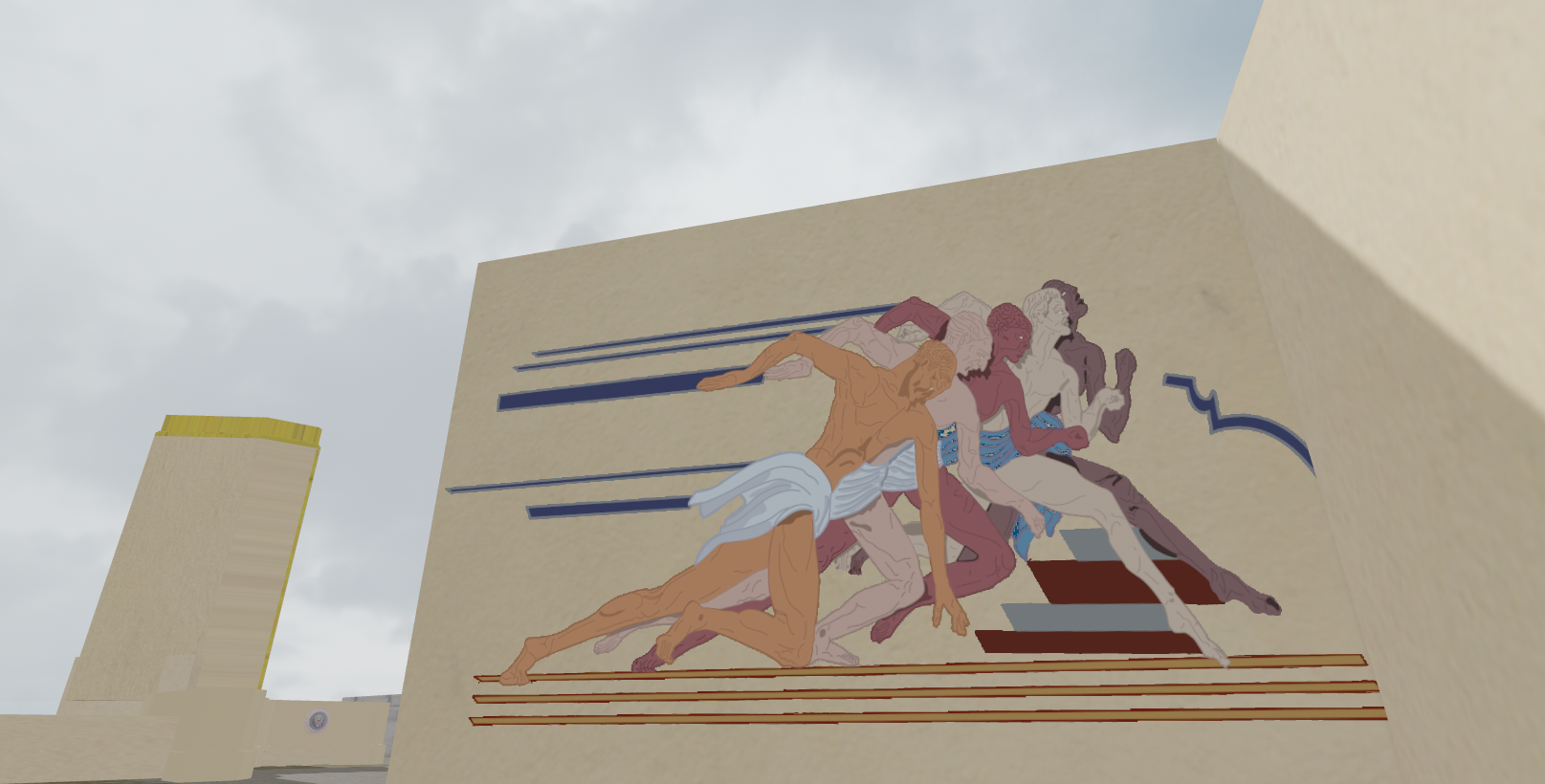 A large mural of five ancient Greek philosophers on the side of a building, with one figure reaching forward and others sitting or standing, painted on a beige wall.