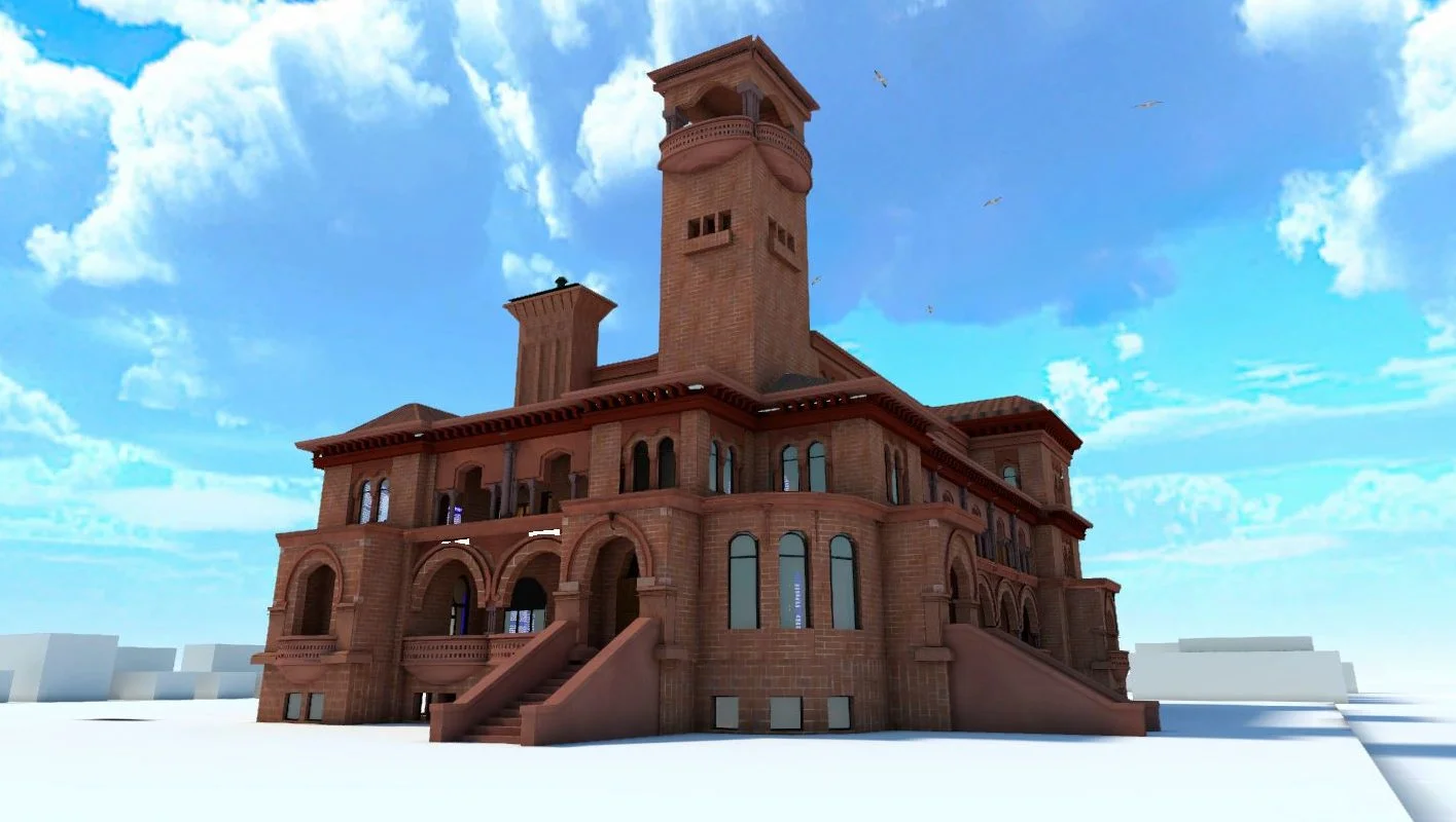 Digital rendering of a large, old-style brick mansion with a tower, multiple stairs leading to entrances, and arched windows, set against a cloudy blue sky.