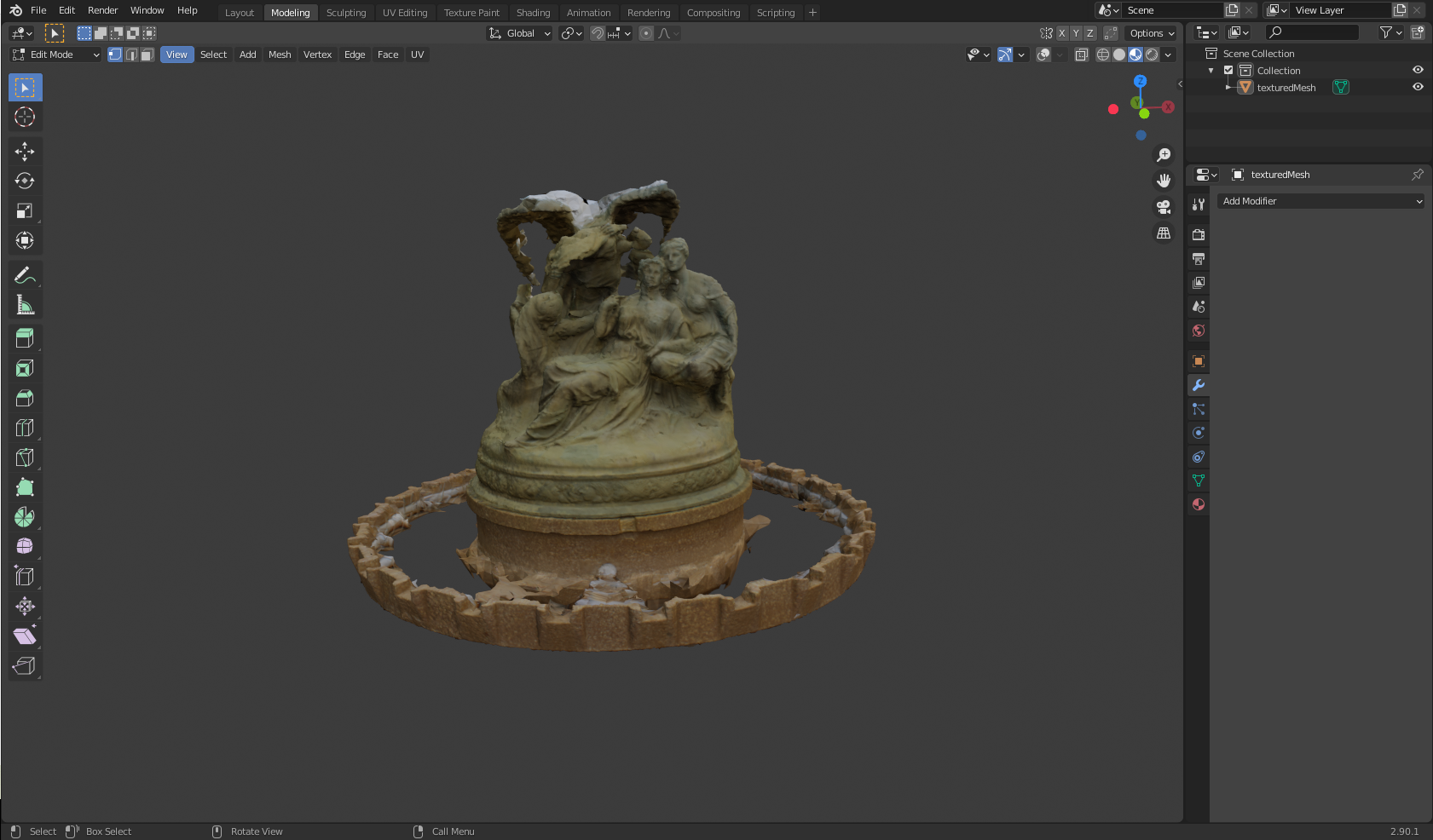 A 3D model of a stone fountain featuring a carved sculpture of a woman with children and a mythical creature, in a 3D modeling software interface.
