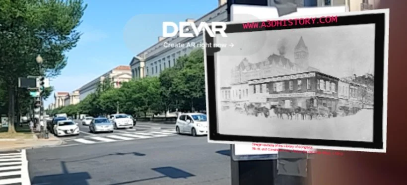 Street view with cars at a crosswalk and an outdoor sign displaying historic photos of the area.