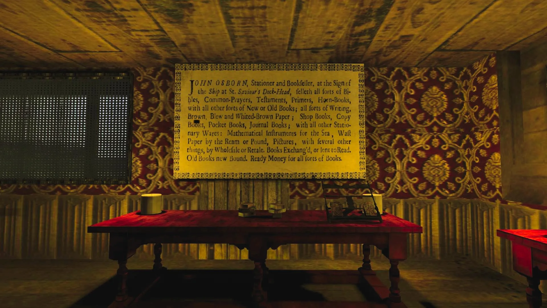 Plaque about John Osborn, a stationer and bookseller, at St. Saviour's Dock-Head, listing various types of books and paper, on a wall with ornate patterned wallpaper and a table below it.