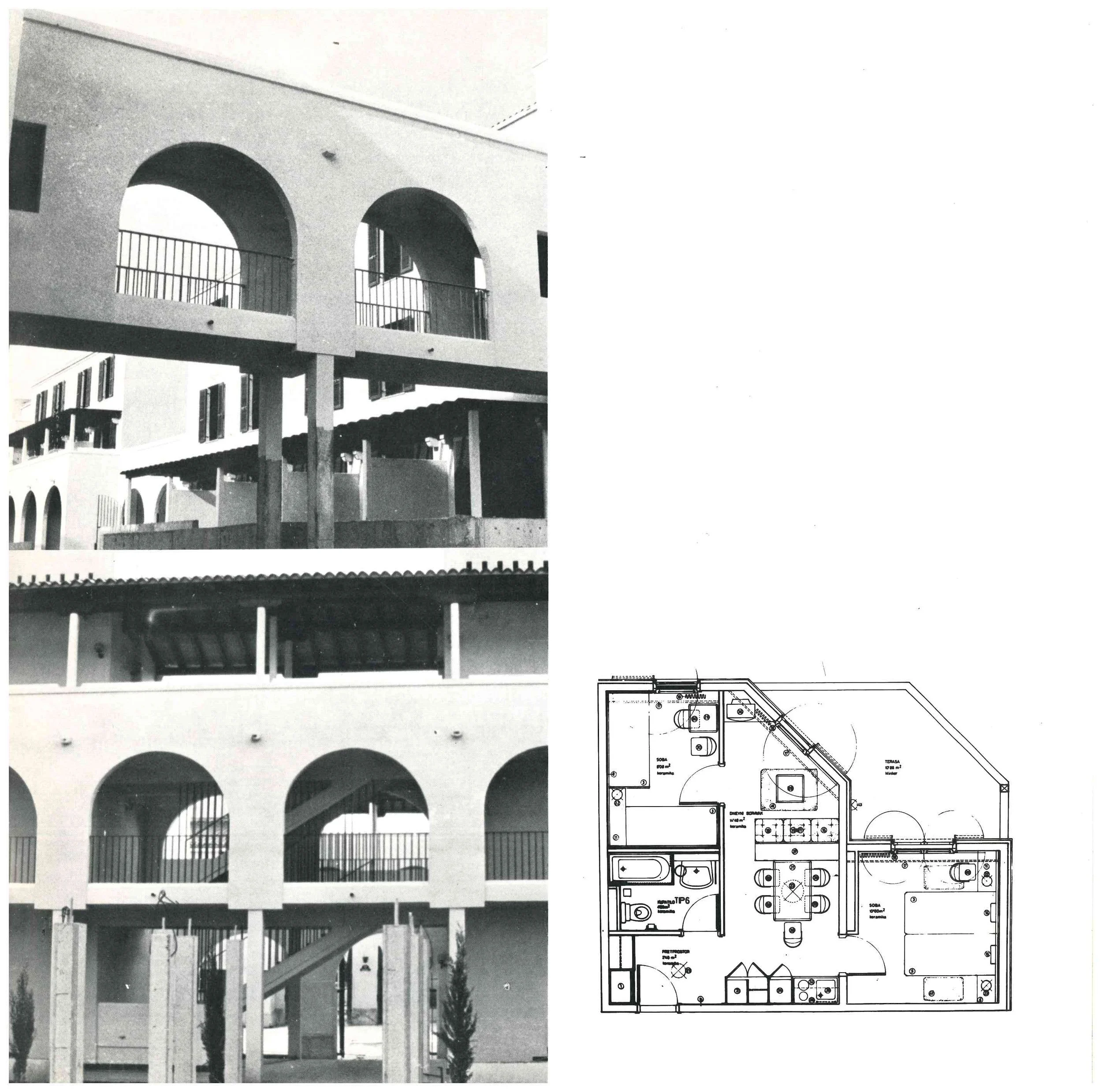 Photograph of a multi-story apartment building with arches, balconies, and a floor plan diagram of an apartment unit.